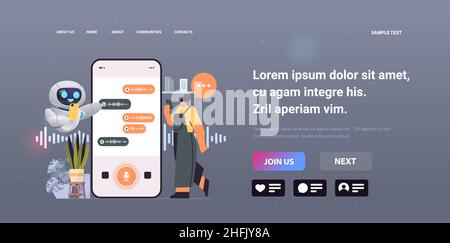 donna con chatbot che registra o ascolta messaggi vocali sullo schermo dello smartphone registrazione audio invio di comunicazioni online Illustrazione Vettoriale