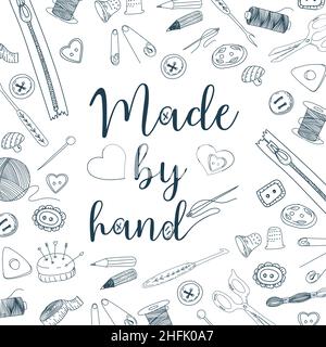 Arte e cucito artigianale forniture, strumenti. Disegnato a mano isolato su sfondo bianco. Caratteri scritti a mano, lettere Illustrazione Vettoriale