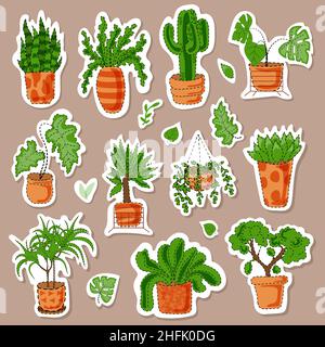 Set di adesivi hygge tropicale in vaso succulente piante. Raccolta di etichette in stile lagom Illustrazione Vettoriale