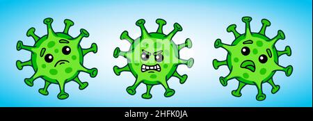 Pandemia virale. Set di carattere Vector verde in stile cartone animato con emozioni su un volto - sorriso, triste, arrabbiato Illustrazione Vettoriale