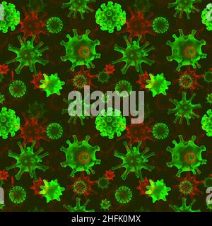 paterna senza giunture di diversi tipi di virus, coronavirus, herpes. Organismi biologici sfondo in stile collage, 3D rendering Foto Stock