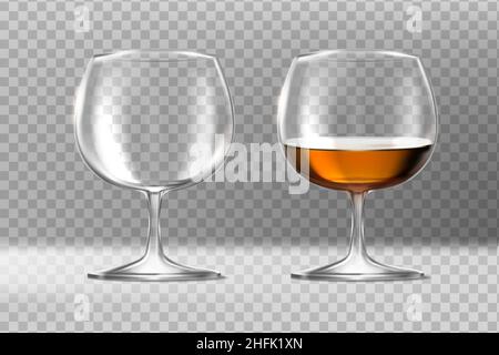 3d icona del vettore realistico. Set di due bicchieri con cognac. Vuoto e pieno. Isolato su sfondo trasparente. Illustrazione Vettoriale