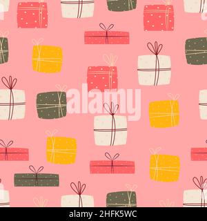 Confezione regalo modello senza cuciture. Stampa vettoriale stile cartoon piatto Illustrazione Vettoriale