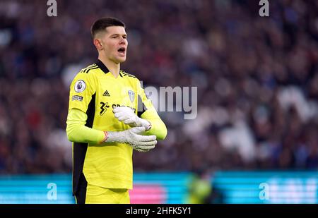 Il portiere del Leeds United Illan Meslier durante la partita della Premier League al London Stadium di Londra. Data foto: Domenica 16 gennaio 2022. Foto Stock