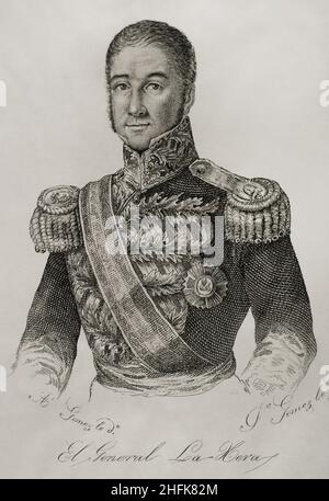 José Santos de la Hera y de la Puente (1792-1859). 1st Conte di Valmaseda e 1st Visconte di Portugalete. Militare spagnolo. Faceva parte dell'esercito spagnolo nel viceré del Perù, dove combatté contro il processo di insurrezione dell'indipendenza dal 1810 in poi. Nel 1834 tornò in Spagna combattendo da parte liberale durante la prima guerra dei carlist. Verticale. Illustrazione di Antonio Gómez. Incisione di José Gómez. Panorama Español, Crónica Contemporánea. Volume III. Madrid, 1845. Foto Stock