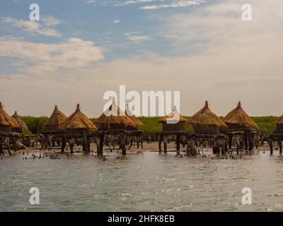 Granai su un'isola conchiglia tra alberi di mangrovie, Joal-Fadiouth, Senegal Africa Foto Stock