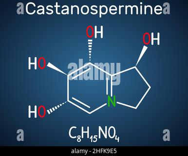 Molecola alcaloide di Castanospermina indolizidina. Formula chimica strutturale su sfondo blu scuro Illustrazione Vettoriale