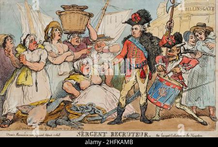 THOMAS ROWLANDSON (1757-1827) artista inglese THOMAS ROWLANDSON (1757-1827) artista e caricaturista inglese. Il suo cartone animato del 1789 'Sergeant Kite, Sergeant Recruiter' mostra il Duca di Orleans in cerca di sostegno per la Rivoluzione francese da un gruppo di donne di pesci Billingsgate Foto Stock