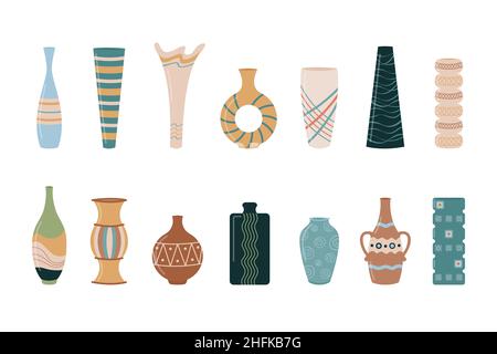 Set vettoriale Vases. Collezione piatta di vasi vuoti in ceramica boho alla moda, brocche e vasi. Elementi di design interni isolati. Illustrazione Vettoriale