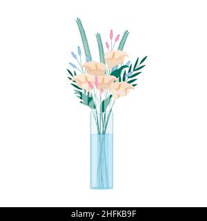 Calla Lilies fiori bouquet in vaso di vetro isolato. Mazzo di fiori freschi e foglie diverse piante. Illustrazione piatta vettoriale. Illustrazione Vettoriale