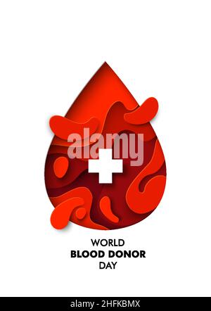 Modello di poster del vettore Giornata Mondiale del donatore di sangue. Carta tagliare goccia di sangue rosso con croce medica e testo. Illustrazione Vettoriale