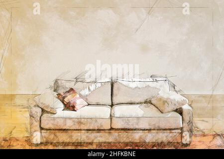 Illustrazione schizzo di elegante divano classico di fronte in appartamento di lusso Foto Stock