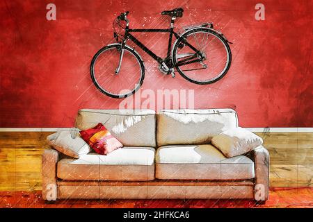 Illustrazione schizzo di elegante divano classico di fronte in lussuoso appartamento con una bici da strada Hanging a parete. Foto Stock