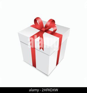 Confezione regalo con nastro rosso aperto su sfondo bianco. Illustrazione vettoriale. File vettoriale EPS 10. Illustrazione Vettoriale