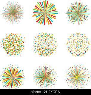 Set di fuochi d'artificio colorati su sfondo bianco, illustrazione vettoriale Illustrazione Vettoriale