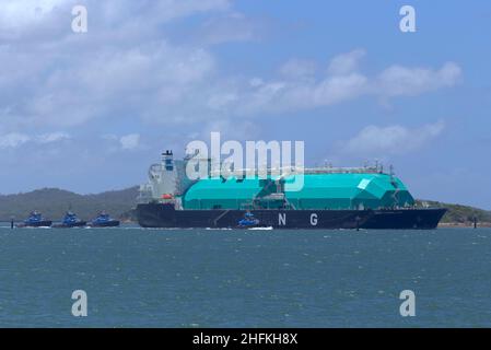 Nave cisterna a gas naturale liquefatto (GNL) seri Camellia che trasporta l'esportazione dall'isola di Curtis Gladstone Queensland Australia assistita da rimorchiatori. Foto Stock