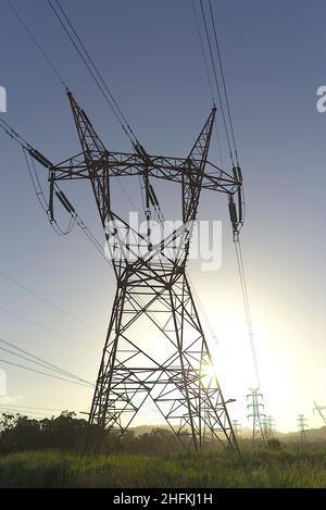 Linee di trasmissione ad alta tensione dalla Gladstone Power Station Queensland Australia Foto Stock