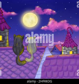 Luna piena sul cielo e gatti sul tetto illustrazione disegnata a mano Foto Stock