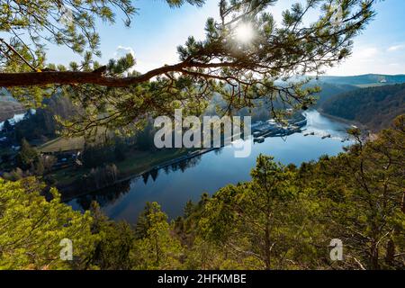 Fiume Moldava vicino a Tyn nad Vltavou città. Czechia. Romantico scenario naturale. Foto Stock