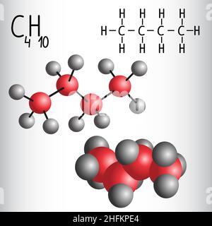 Formula chimica e modello molecolare del butano C4H10. Illustrazione vettoriale Illustrazione Vettoriale