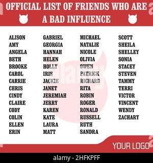 Contenuti divertenti sui social media. Gioco di social media per il coinvolgimento dei fan nei commenti - nomi di amici che sono una cattiva influenza. Illustrazione Vettoriale