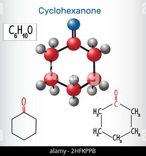 Molecola di cicloesanone - formula chimica strutturale e modello. Illustrazione vettoriale Illustrazione Vettoriale