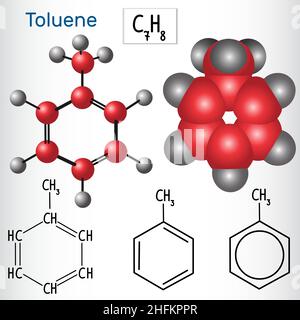 Molecola di toluene - formula chimica strutturale e modello. Illustrazione vettoriale Illustrazione Vettoriale