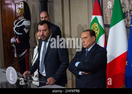 Roma, 07/05/2018: la delega del centro città composta da Matteo Salvini, Giorgia Meloni e Silvio Berlusconi. Consulenze al Quirinale. © Andrea Sabbadini Foto Stock