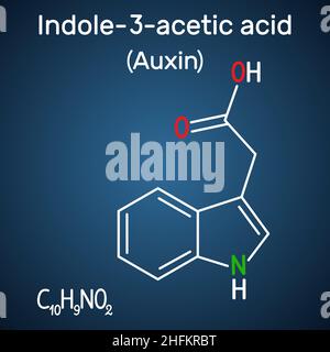 AUXIN, acido indolo-3-acetico (IAA). Formula chimica strutturale su sfondo blu scuro. Illustrazione vettoriale Illustrazione Vettoriale