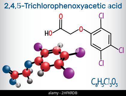 Molecola di acido 2,4,5-Trichlorofenossiacetico (2,4,5-T). Formula chimica strutturale e modello molecolare. Illustrazione vettoriale Illustrazione Vettoriale