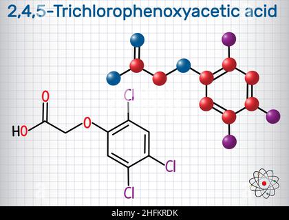 Molecola di acido 2,4,5-Trichlorofenossiacetico (2,4,5-T). Foglio di carta in gabbia. Formula chimica strutturale e modello molecolare. Illustrazione vettoriale Illustrazione Vettoriale