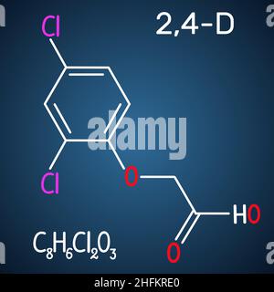 Molecola di acido 2,4-diclorofenossiacetico (2,4-D). Formula chimica strutturale su sfondo blu scuro. Illustrazione vettoriale Illustrazione Vettoriale