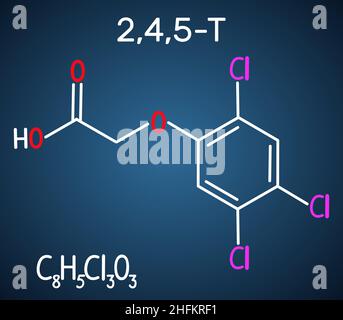 Molecola di acido 2,4,5-Trichlorofenossiacetico (2,4,5-T). Formula chimica strutturale su sfondo blu scuro. Illustrazione vettoriale Illustrazione Vettoriale