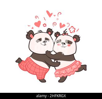 Due simpatici panda si abbracciano, congratulandosi con Valentine's day.Vector illustrazione in stile cartoon , kawaii Illustrazione Vettoriale