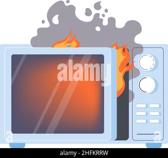 Bruciare il forno a microonde rotto, fuoco e fiamme Illustrazione Vettoriale