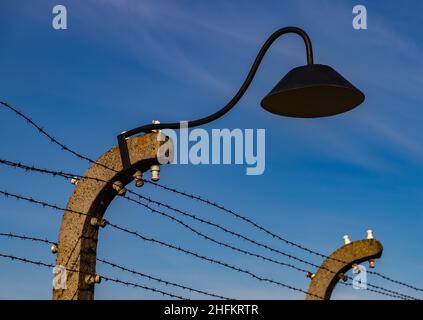 Una foto di una recinzione nel Museo e Memoriale di Auschwitz II Birkenau. Foto Stock