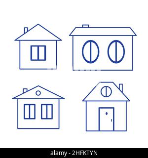 Set di graziose case di cartoni animati, icone di contorno. Piccola casa con porta e piccola finestra. Illustrazione piatta, simbolo della casa. Icona per risorse Web e grafiche Illustrazione Vettoriale