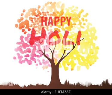 Happy Holi colorati albero di acquerello Banner sfondo modello con testo modificabile illustrazione vettoriale Illustrazione Vettoriale