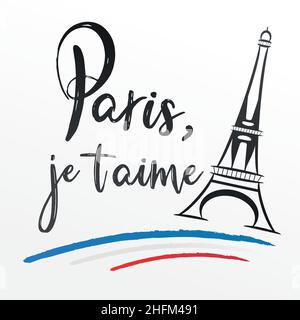 Paris JE taime - ti amo in francese, lettere e grafica vettoriale del logo della torre Eiffel, design aziendale. Colorato in National Flag Trik Illustrazione Vettoriale