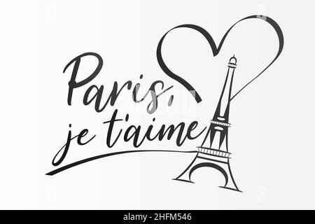 Paris JE taime - Io ti amo in francese, lettere e Torre Eiffel con cuore vettore logo design elemento modello, Corporate design. Francia concetto ico Illustrazione Vettoriale