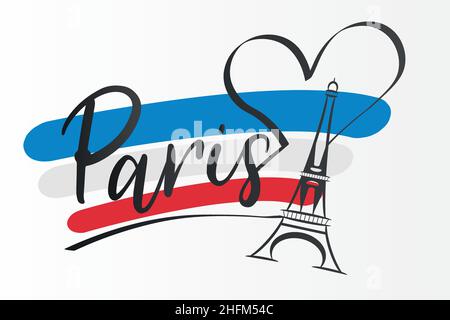 Design vettoriale del logo della torre Eiffel e Parigi, design aziendale. Colorato in National Flag Trikolore concetto icona. Illustrazione vettoriale. EP Illustrazione Vettoriale