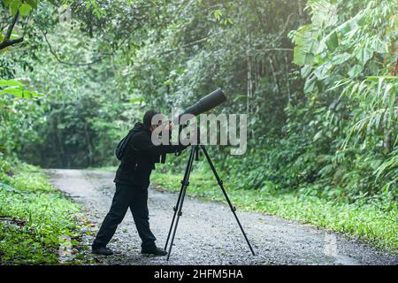 Un fotografo professionista della fauna selvatica scatta foto con una fotocamera digitale e un super teleobiettivo su un cavalletto in una giungla. Mettere a fuoco l'obiettivo. Foto Stock