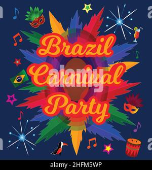 Festa del Carnevale del Brasile, Mardi gras, pina colada, tamburi, maschera, musica, bandiera, poster, illustrazione vettoriale del volantino Illustrazione Vettoriale