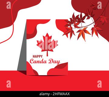 Festa del giorno del Canada felice con carta d'auguri di Maple Leaf Poster illustrazione del vettore. Design moderno minimalista Illustrazione Vettoriale