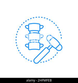 Ortopedist checkup - moderna icona di stile linea nera su sfondo bianco. Immagine dettagliata accurata delle vertebre e del martello speciale. Assistenza sanitaria e qu Illustrazione Vettoriale
