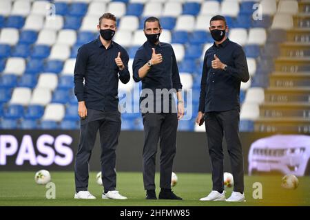 Massimo Paolone/LaPresse 15 luglio 2020 Reggio Emilia, Italia sport soccer Sassuolo vs Juventus - Campionato Italiano Calcio League A TIM 2019/2020 - Stadio Mapei nella foto: Matthijs de ligt (Juventus F.C.), Leonardo Bonucci (Juventus F.C.) e Merih Demiral (Juventus F.C.) Foto Stock