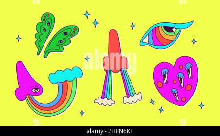 Set di classici elementi cartoni animati psichedelici: Naso, arcobaleno, cuore, occhi. Carino vettore neon multicolore illustrazioni per il design. Allucinatorio Illustrazione Vettoriale