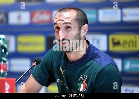 LaPresse - Jennifer Lorenzini 31 agosto 2020 Firenze (Italia) Sport Soccer Italian Football meeting - "Coverciano" - Conferenza stampa nella foto: Giorgio Chiellini Foto Stock