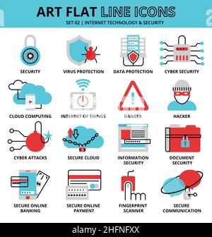 Illustrazione vettoriale di design piatto moderno, insieme delle tecnologie del Internet e delle icone di sicurezza, per disegno grafico e di fotoricettore Illustrazione Vettoriale