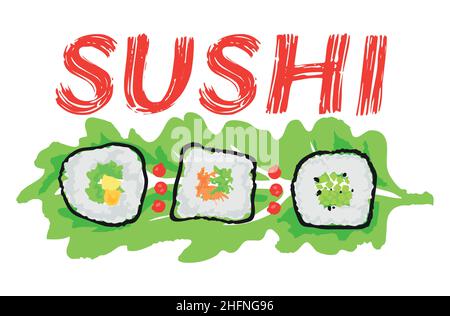 Adesivo sushi. Illustrazione vettoriale in stile acquerello, per grafica e web design Illustrazione Vettoriale